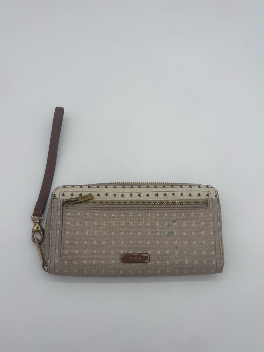 Fossil Heart Print Zip Around Wristlet Wallet Beige Brown